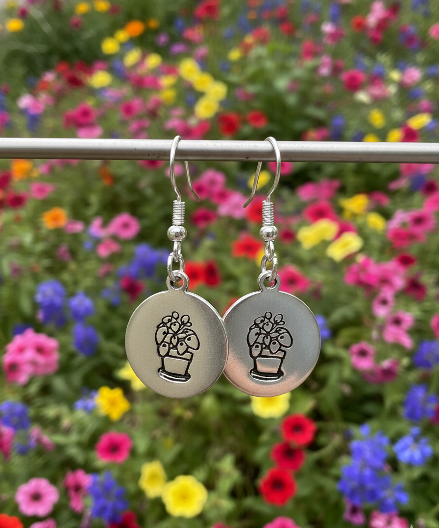 Houseplant Dangle Earrings Money Plant In a Pot Metal Silver Gold Hand Stamped Circle Coin DiscHandmade