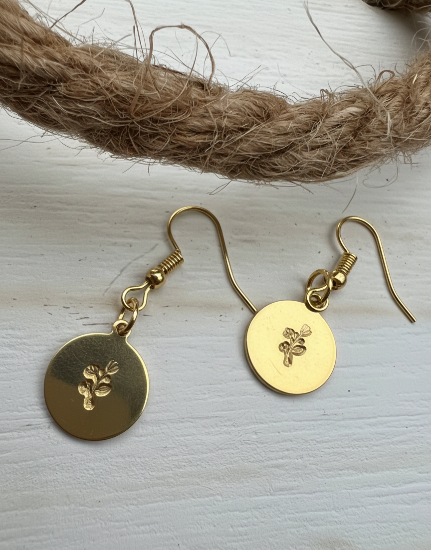 Flower Plant Tulip Rose Earring Coin Circle Disc Dangle Drop Simple Gold Silver Stamp Etched Engraved