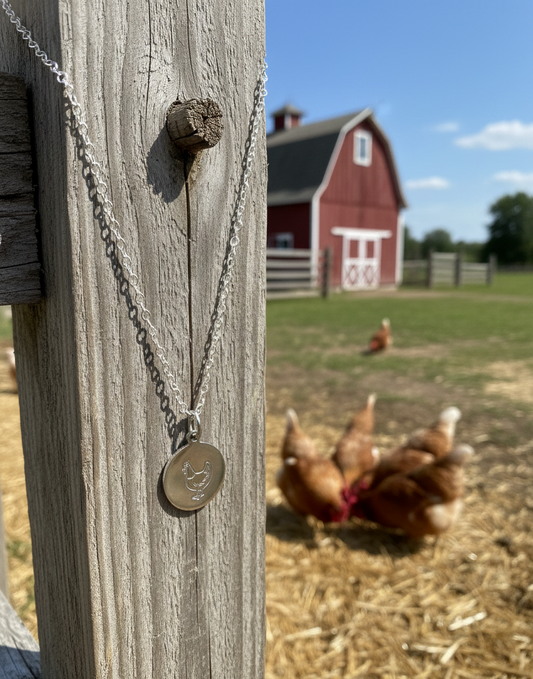 Chicken Necklace Mom Mama Disc Coin Circle Pendant Stamped Custom Engraved Personalized Etched Silver Gold Handmade Simple Chicken Lover