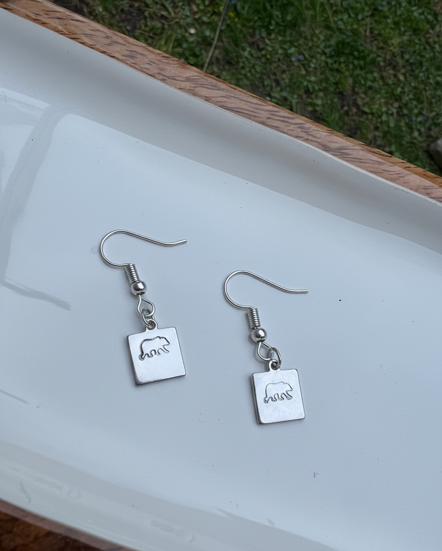 Grizzly Brown Mama Bear Earrings Small Dainty Simple Square Dangle Drop Simple Gold Silver Stamp Etched Handmade Engraved