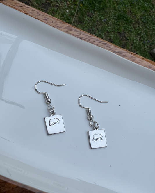Grizzly Brown Mama Bear Earrings Small Dainty Simple Square Dangle Drop Simple Gold Silver Stamp Etched Handmade Engraved