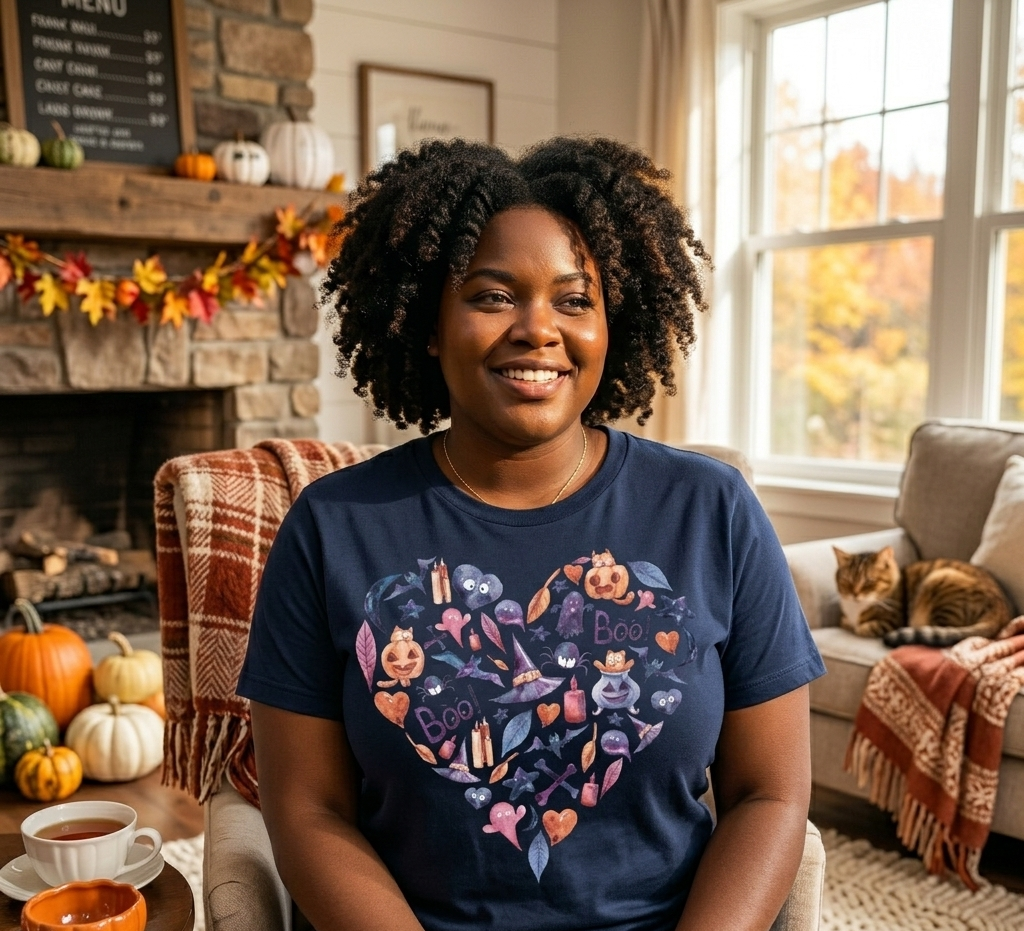 Halloween Fall Autumn Witch Leaves Pumpkin Heart Ghost Boo Watercolor Comfort Crew Neck T-Shirt