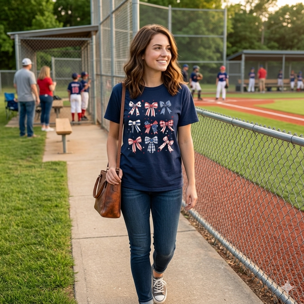 USA Floral Graphic Tee - Patriotic Red T-Shirt with Coquette Bows - 4th of July Summer Outfit - Americana Flowers Top