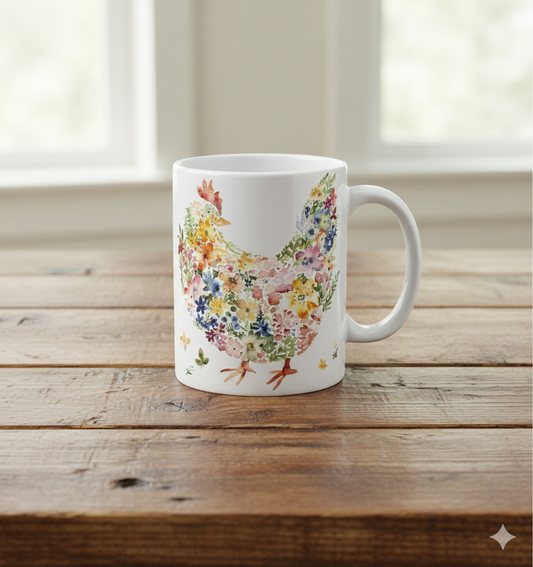 Watercolor Floral Chicken Coffee Mug 11oz Ceramic Tea Cup with Wildflower Hen Art Botanical Farmhouse Kitchen Decor Gift for Chicken Lovers