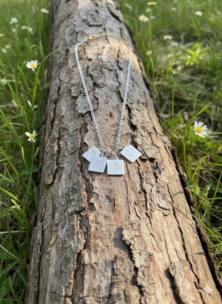 Initial Charm Square Heart Necklace Personalized Tiny Small Etched Stamped Handmade Minimalist Boho Mothers Necklace Couples Necklace