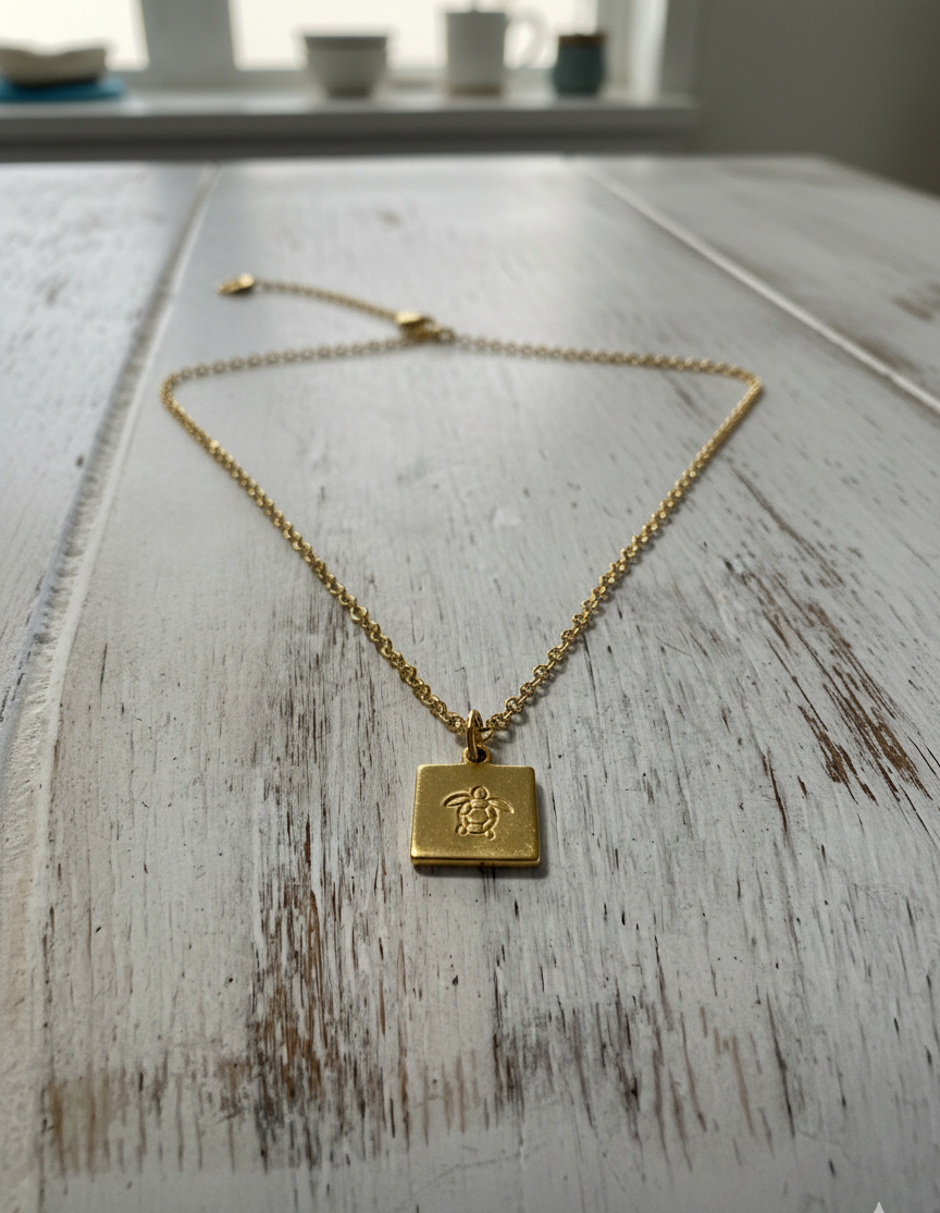 Sea Turtle Tortoise Necklace Pendant Square Tiny Minimalist Metal Gold Silver Boho Metal Stamped Engraved