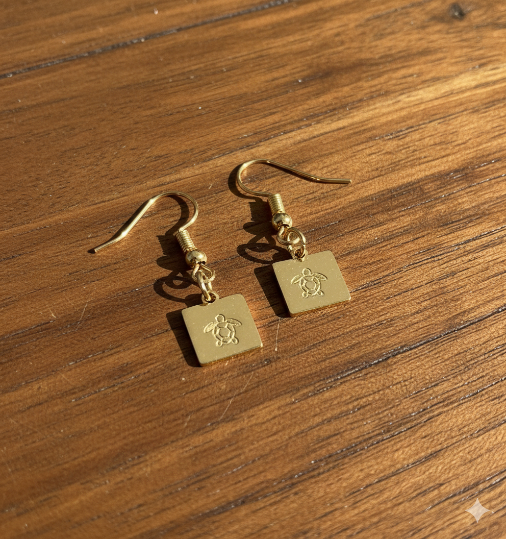 Handmade Sea Turtle Tortoise Tiny Dainty Dangle Earring Square Stamped Etched Metal Gold Silver Minimalist