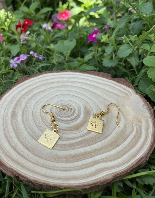 Dragonfly Firefly Tiny Dainty Dangle Earrings Square Stamped Etched Metal Gold Silver Handmade