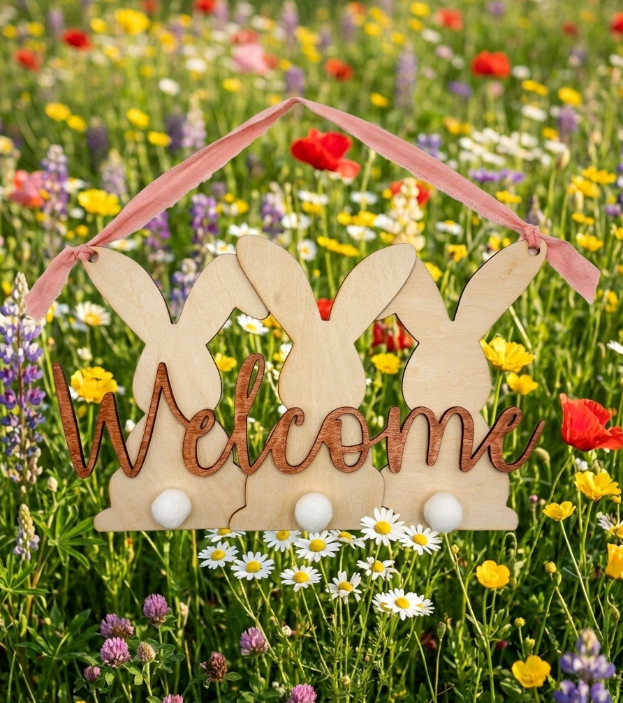 Wooden Welcome Bunny Sign - Rustic Easter Door Hanger with Cotton Tails and Pink Ribbon - 3D Layered Spring Home Decor