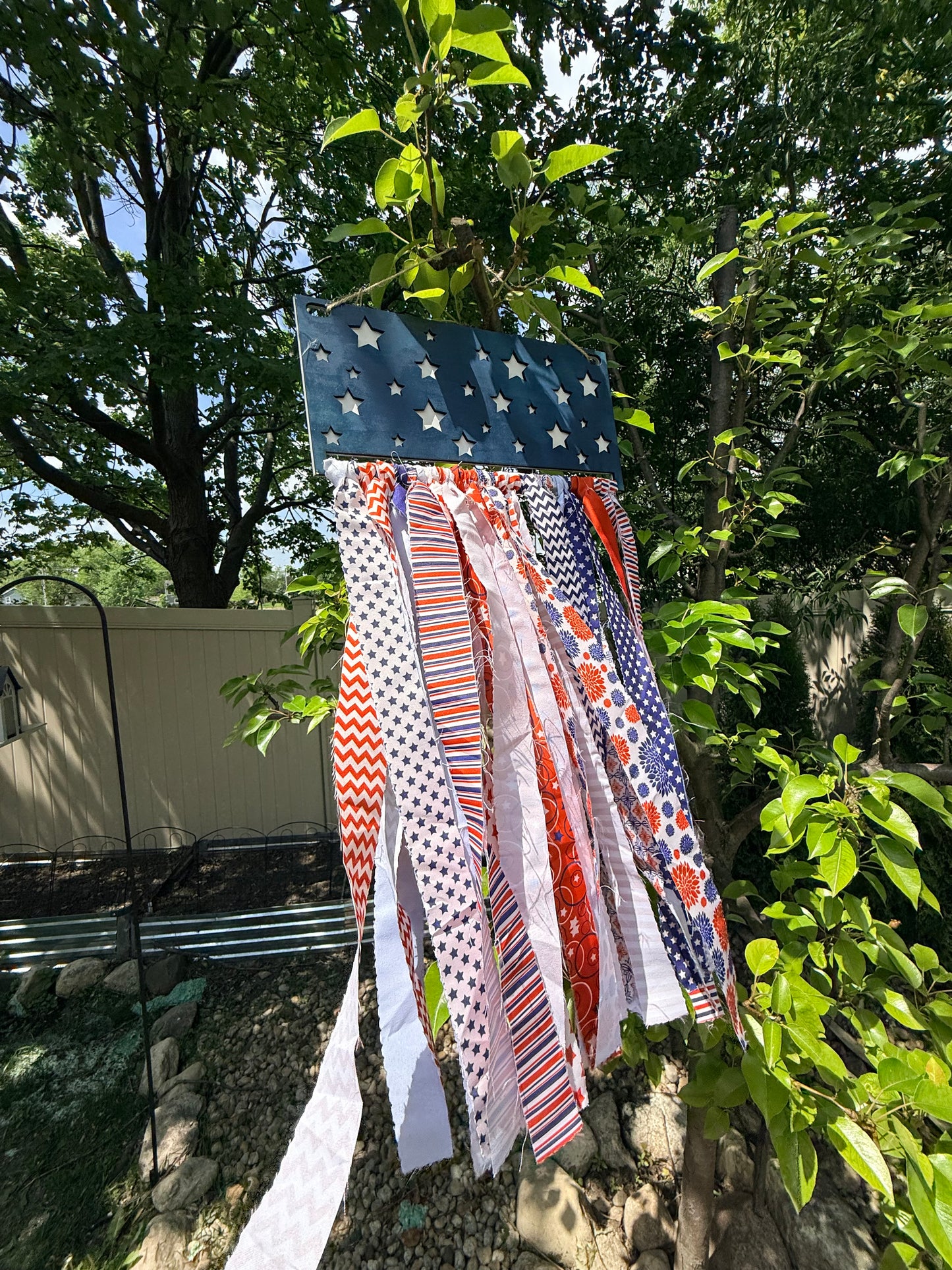 Patriotic Wooden American Flag Star Door Sign with Fabric Ribbon Streamers