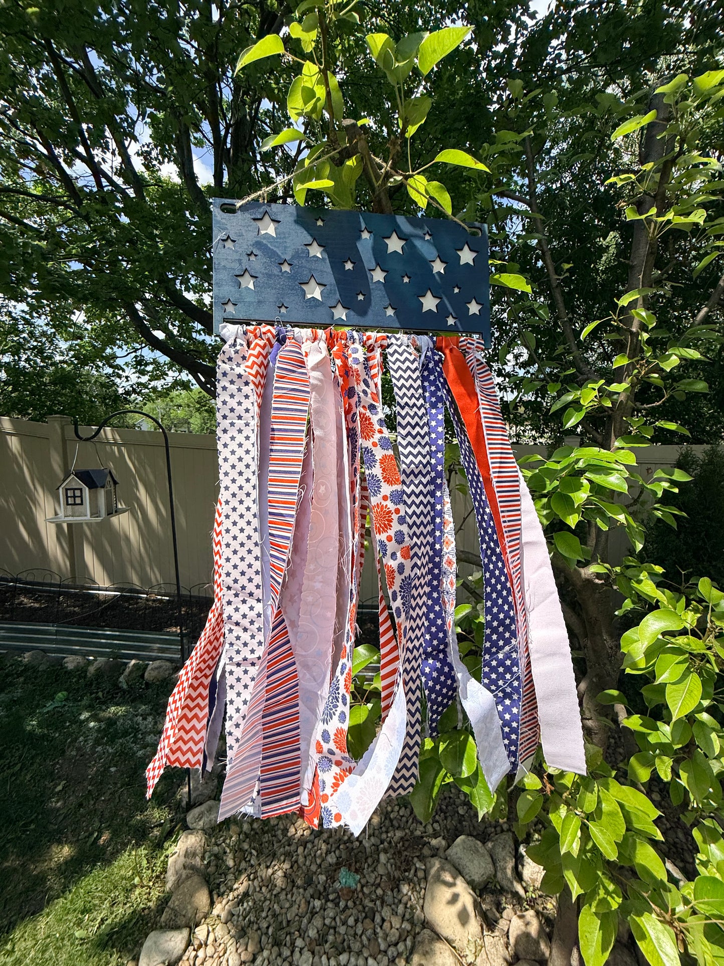 Patriotic Wooden American Flag Star Door Sign with Fabric Ribbon Streamers