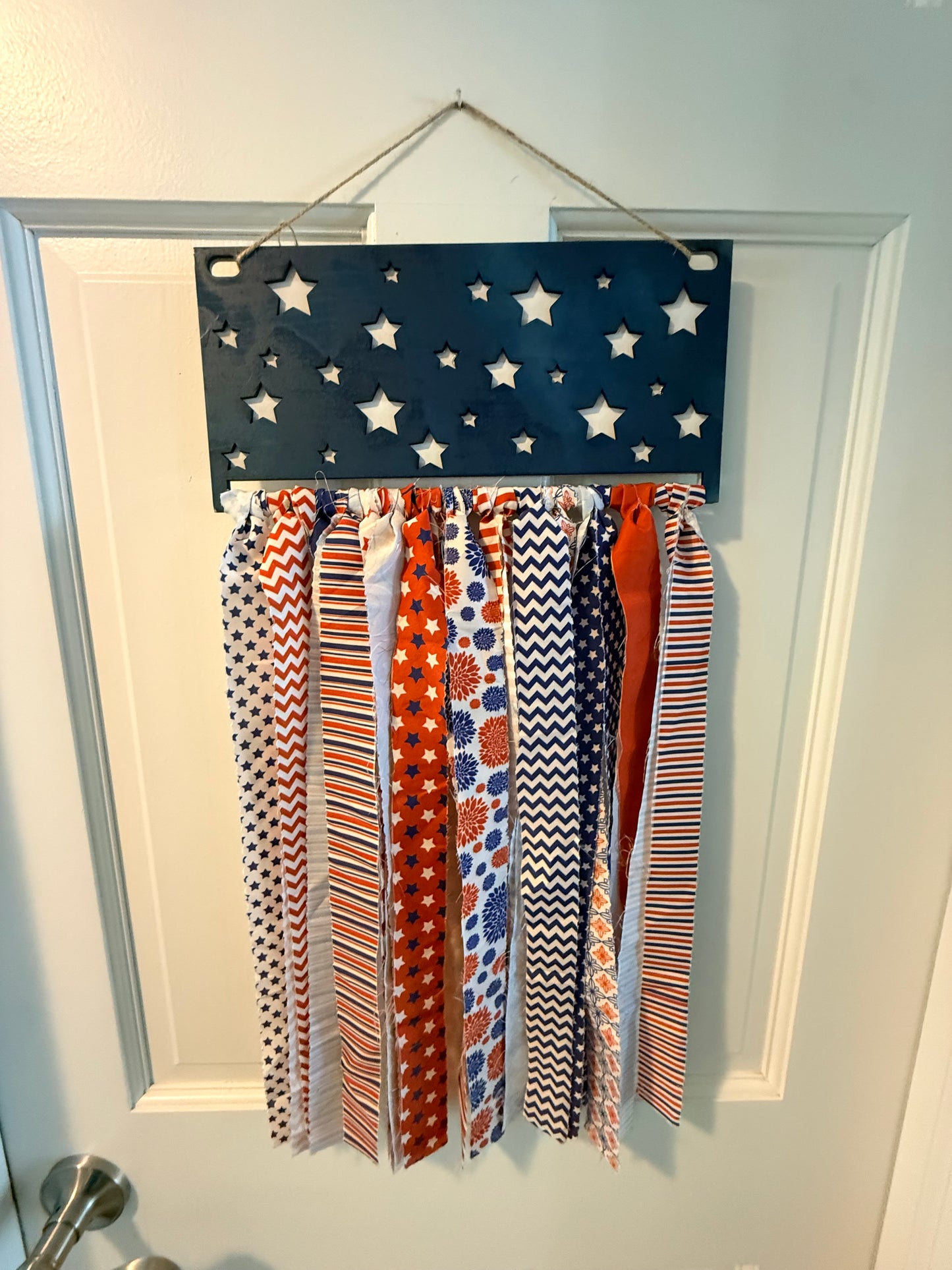Patriotic Wooden American Flag Star Door Sign with Fabric Ribbon Streamers