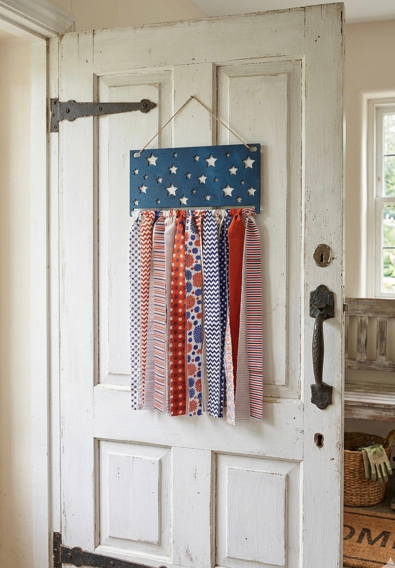 Patriotic Wooden American Flag Star Door Sign with Fabric Ribbon Streamers