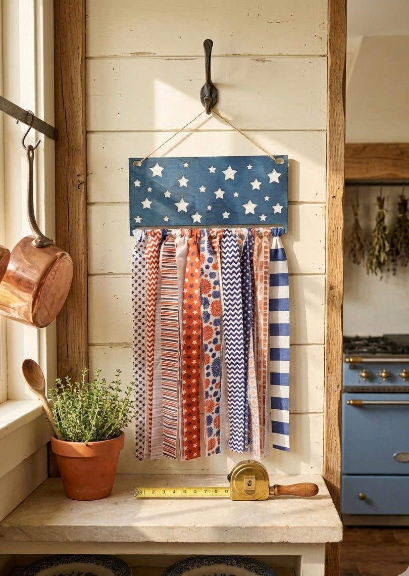 Patriotic Wooden American Flag Star Door Sign with Fabric Ribbon Streamers