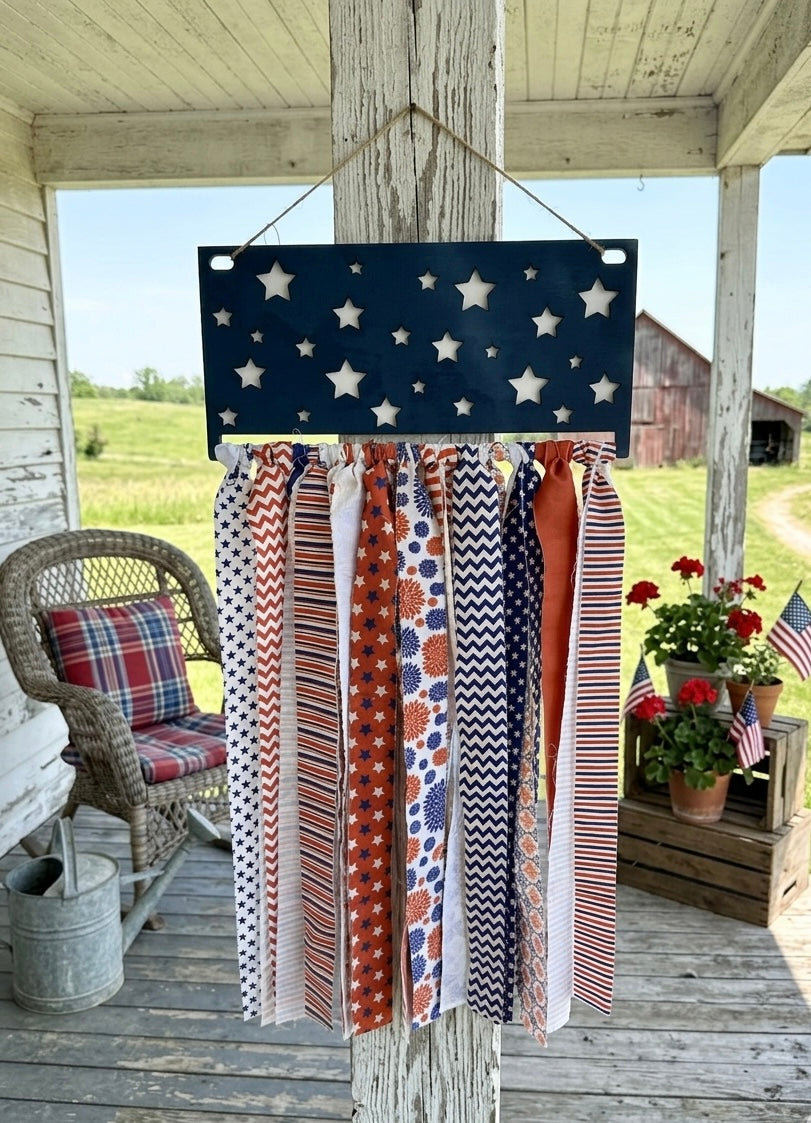 Patriotic Wooden American Flag Star Door Sign with Fabric Ribbon Streamers