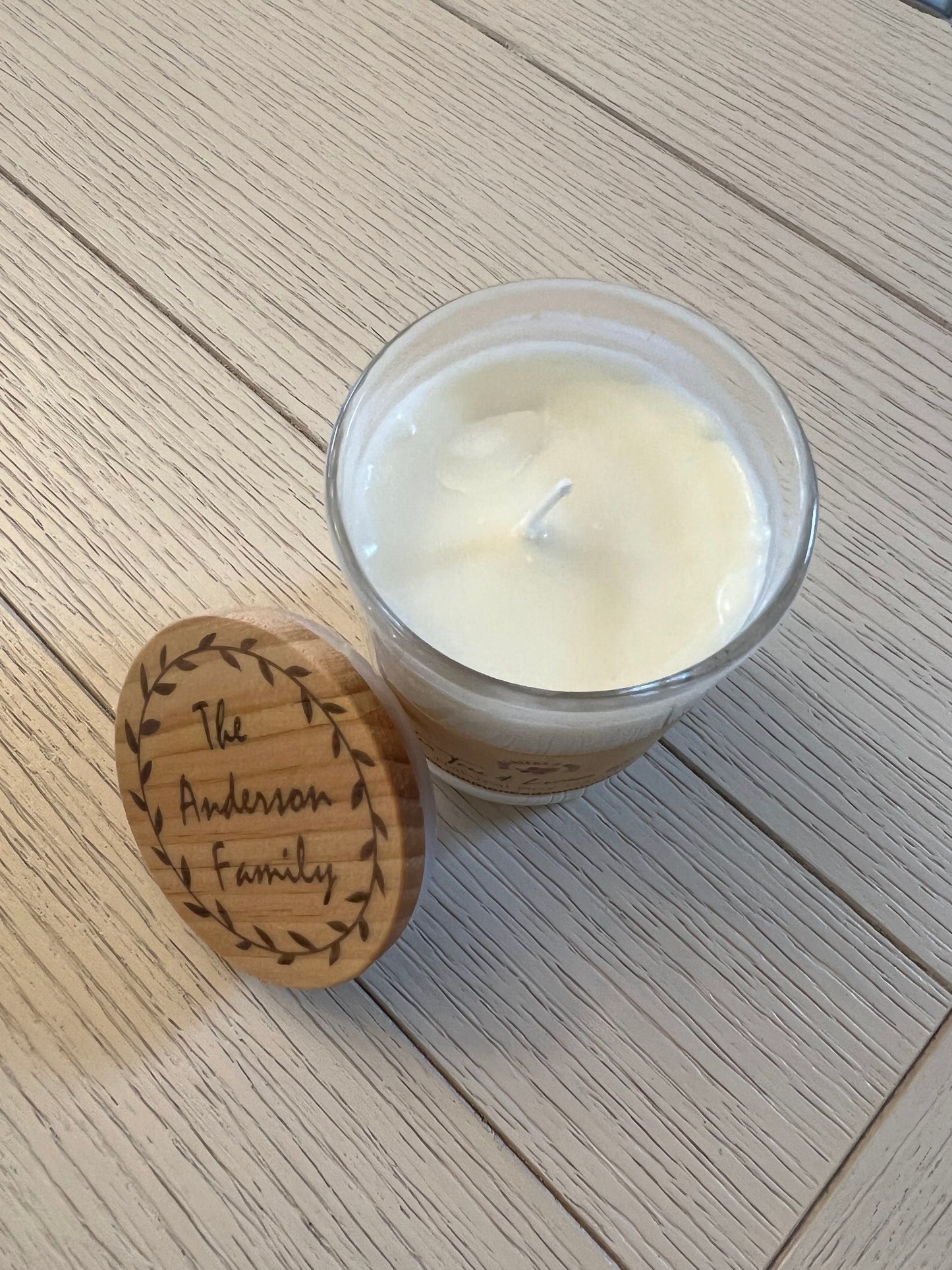 Personalized Natural Soy Wax Candle Essential Oil Scent Glass Jar Floral Wreath With Name Holiday Christmas Fall Fruit
