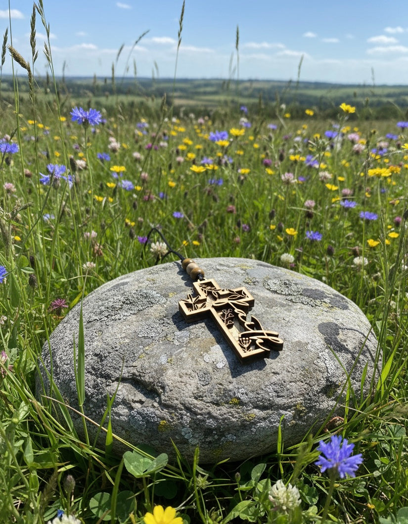 Wood Cross Hanging Car Mirror Freshie Faith Handmade Botanical Layered Floral Design Religious Christian