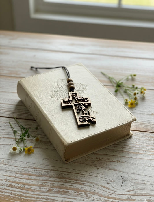 Wood Cross Hanging Car Mirror Freshie Faith Handmade Botanical Layered Floral Design Religious Christian