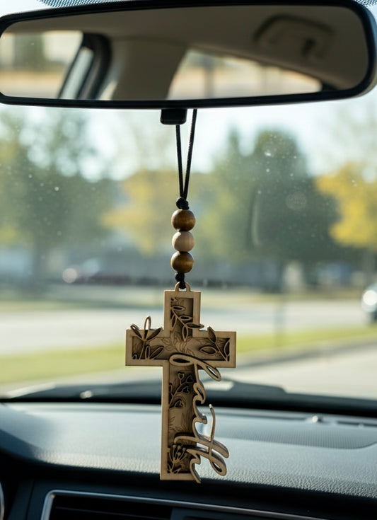 Wood Cross Hanging Car Mirror Freshie Faith Handmade Botanical Layered Floral Design Religious Christian
