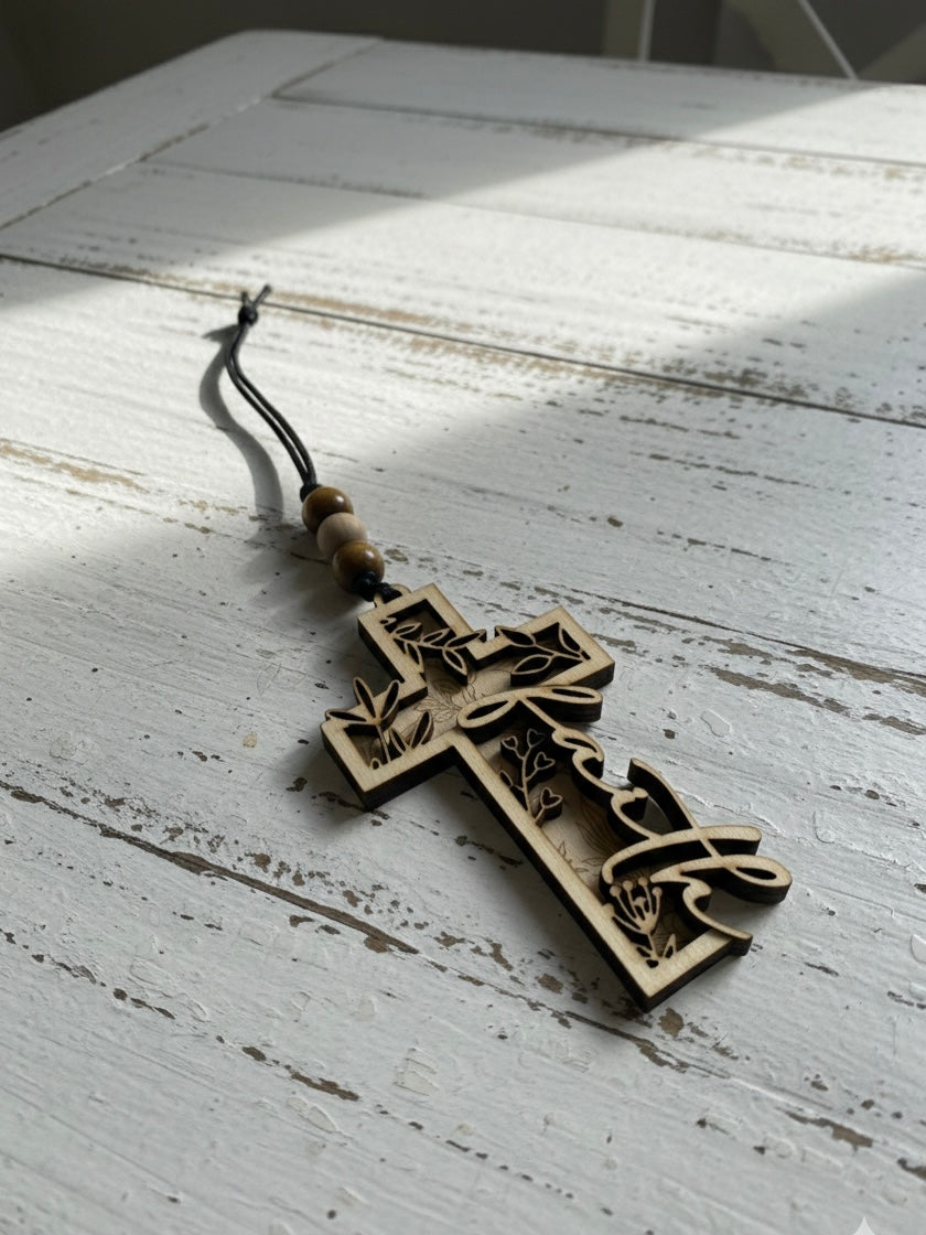 Wood Cross Hanging Car Mirror Freshie Faith Handmade Botanical Layered Floral Design Religious Christian